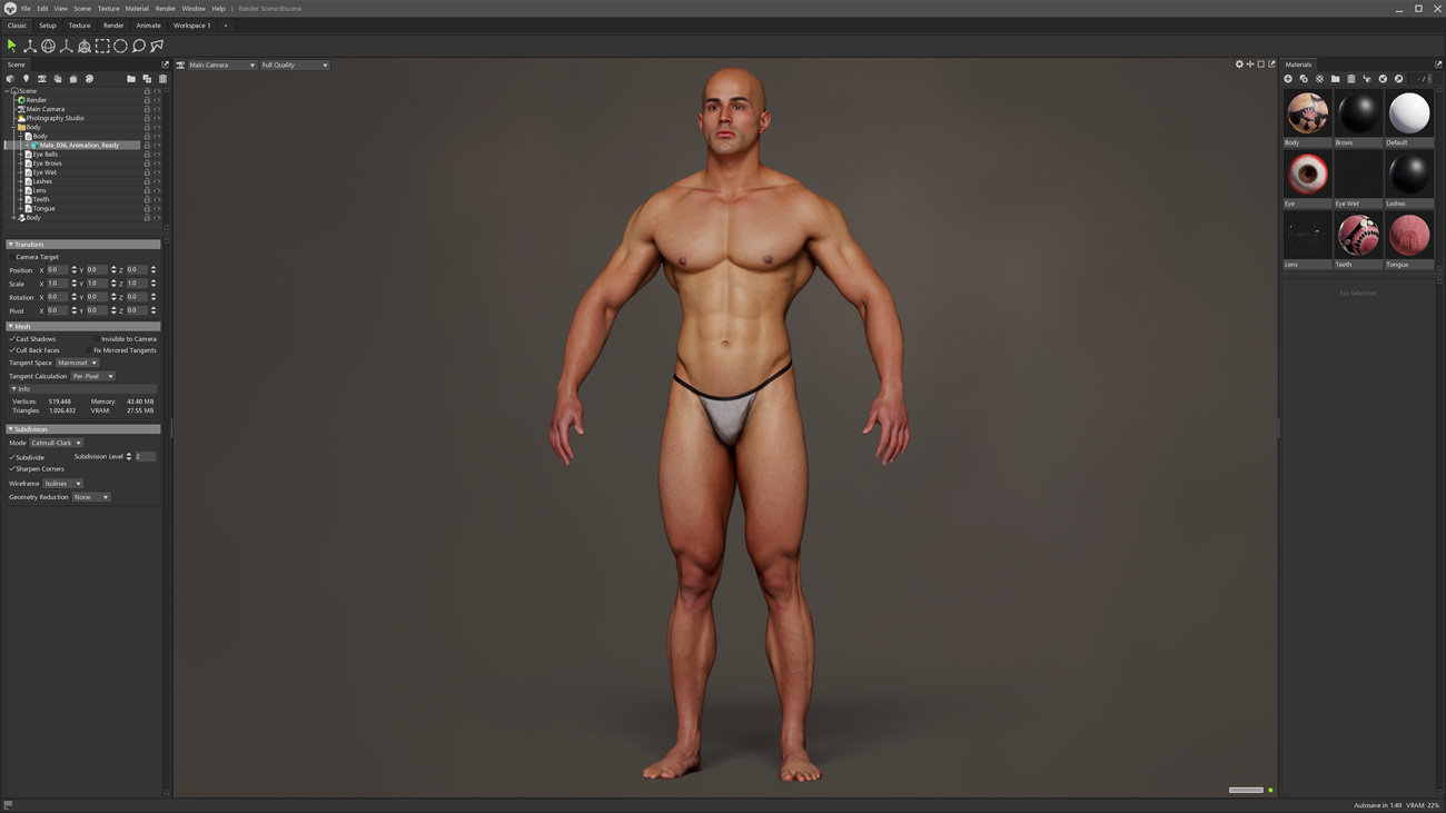 Marmoset toolbag scene with realistic 3d body model and lighting and shading including skin shader. 